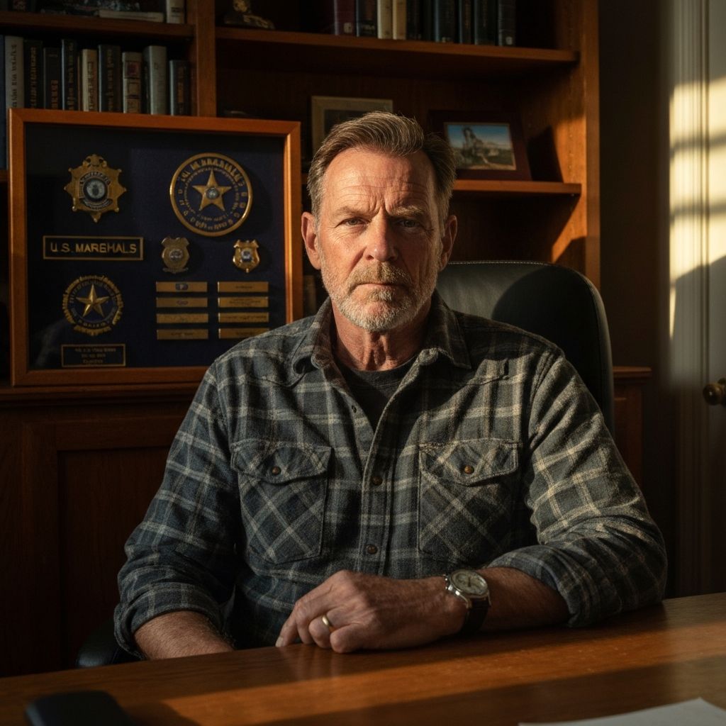 Harlan Briggs at his home in Virginia. Behind him, a shadow box displaying his U.S. Marshals Service badge and commendations.